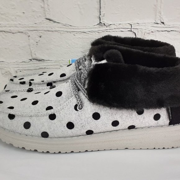 HEY DUDE 'BRITT' FUR LINING SNAP & FOLD CUFF TWO LOOKS IN ONE SHOE BL. POLKA-DOT - Picture 5 of 16